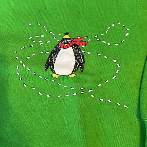 Vintage Talbots Kids Green Winter Scene Penguin Sweatshirt, size 8, EUC - Picture 2 of 6